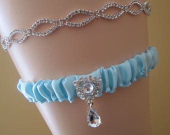 Light Teal Wedding Garter Set, Something Blue Garters, Rhinestone Garter with Crystals, Bling, Light Aqua Blue Garter, Rustic Bridal Garter