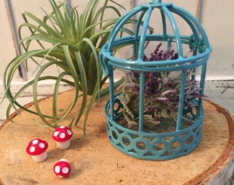 SALE Mini Blue Metal Bird Cage, Hinged Top, Fairy Garden Accessory, Miniature Home and Garden Decor, Crafting, Topper, Shelf Sitter