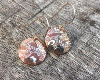 Sterling Silver & Copper Mokume Gane Domed Disc Shaped Earrings