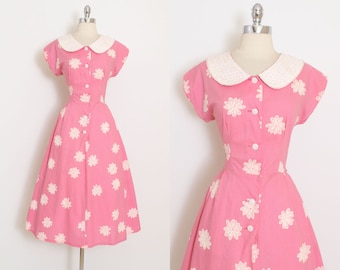 Vintage 40s Dress | vintage 1940s dress | pink cotton white flowers | large lg | 6008