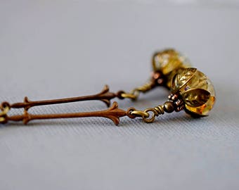 Honey Gold Topaz Czech Glass Earrings Topaz Earrings Honey Dangles Art Nouveau Long Earrings Vintage Style Earrings Antique Brass Drops