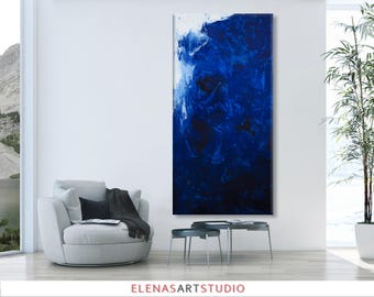 Large Abstract seascape painting horizontal blue grey white minimalist 'the beautiful unknown II' modern art wall decor