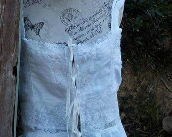 bohemian camisole - white cotton and vintage lace top - large