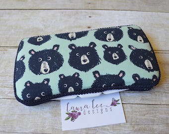 READY TO SHIP, Hipster Bears Travel Baby Wipe Case, Personalized Wipecase, Blue Diaper Bag Clutch, Baby Shower Gift, Monogram Wipe Holder