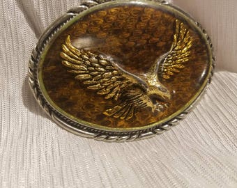 Gold And Silver Eagle Belt Buckle On Textured Silver Tone