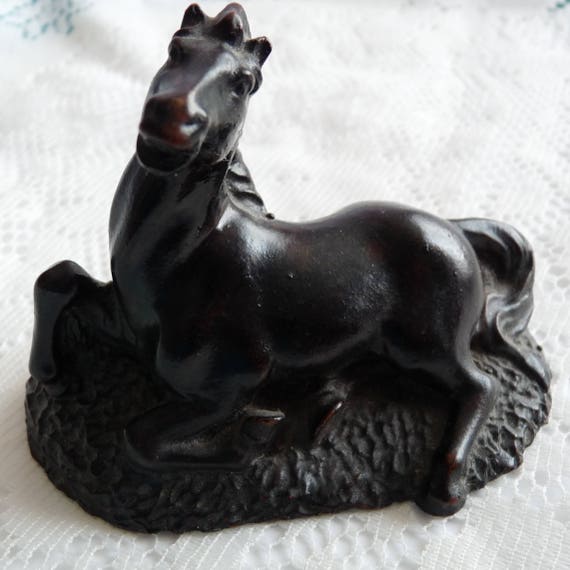 Miniature Vintage Black Horse Figurine Faux Bronze Animal