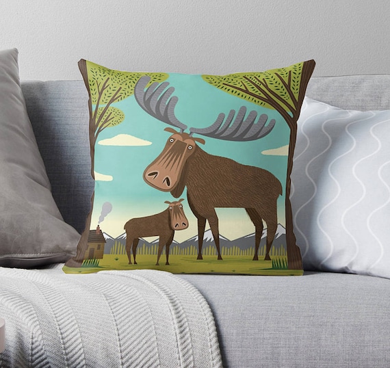 The Magnificent Moose - Children's Cushion Cover / Throw Pillow Cover - Animal art - (16" x 16") by Oliver Lake - iOTA iLLUSTRATiON