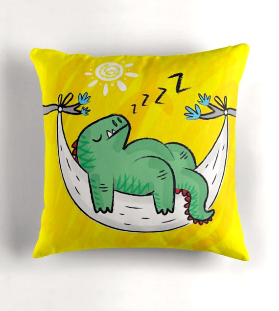Dinosnore - Childrens - Yellow Throw Pillow / Cushion Cover (16" x 16") by Oliver Lake / iOTA iLLUSTRATION