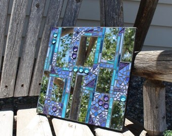 Mirror, mosaic mirror, stained glass mosaic mirror, art glass mosaic mirror, purple mosaic mirror, purple and turquoise glass mosaic mirror
