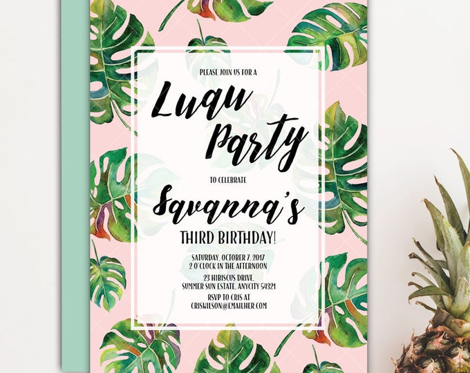 Tropical Birthday Party Invitation, Tropical Palm Leaves PInk and Green Luau Girl Birthday Party Invitation v.2