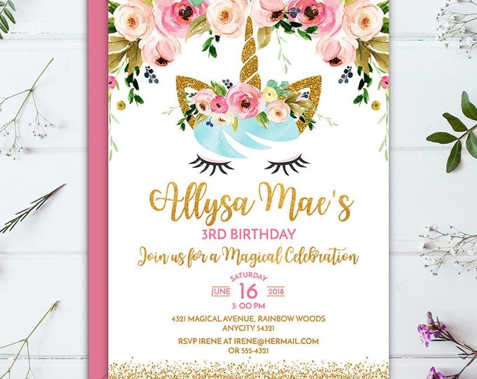 Unicorn Invitation, Floral Unicorn Birthay Invitation, Gold Glitter and Pastel Floral Unicorn Birthday Party Printable Invitation