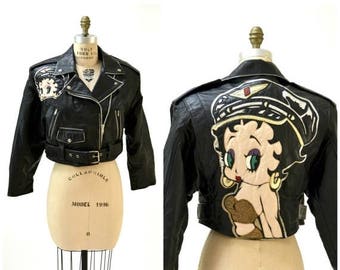 SALE Vintage Black Leather Motorcycle Jacket Medium Betty Boop by Maizar// 90s 80s Black Leather Biker Jacket Betty Boop Comic Cartoon Mediu