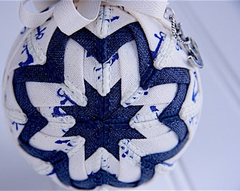 Quilted Christmas Ornament Ball/Navy and Linen - At Sea