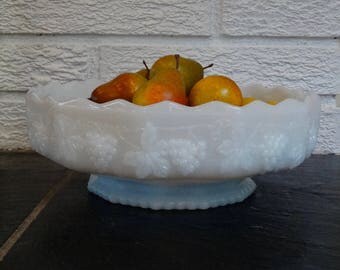 Vintage Anchor Hocking White Glass Pedestal Serving Dish, Grapes and Vine Pattern, Pedestal Bowl Centerpiece