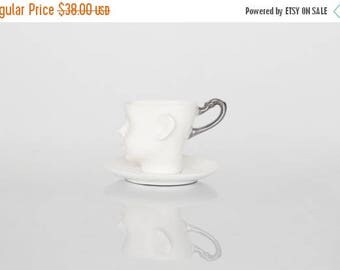 SALE Whimsical doll head cup - white porcelain and silver artisan cupwith saucer, whimsical ceramic design