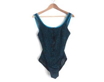 Vintage Ladies Polka Dot One Piece Swimsuit // Vintage Zip Front One Piece // Vintage 1990's Swimsuit