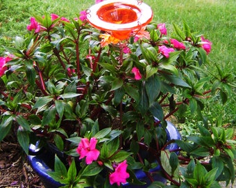 CONTAINER GARDENING, Butterfly Feeder, stained glass, Brilliant Red Orange, copper, Patio Gardening, Retirement Gift