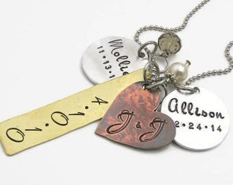 Hand Stamped Personalized Necklace - Mixed Metal Cluster Necklace - Stamped Metal Jewelry - Mom Necklace Mothers Necklace Gift for her (100)