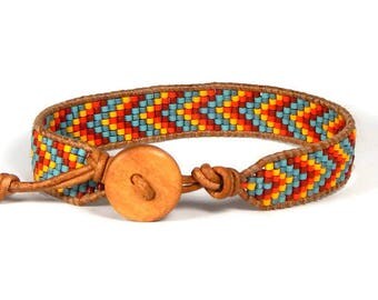 Bead Loom Bracelet Leather Wrap Bracelet Red Orange Turquoise Coral Chevron Bohemian Bracelet Boho Jewelry