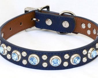 Leather Dog Collar, Navy Blue with Sky Blue Rivets, One inch wide & Custom sizes Medium to Large, Great for a boy dog or one with blue eyes