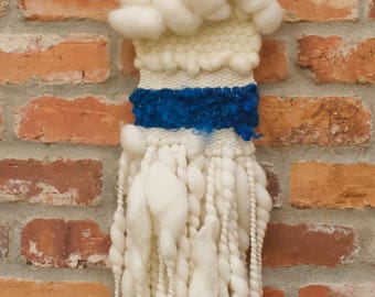 Peak of Blue Sky and Clouds, Handmade Wool Fibers, Weaving and Wall Hanging