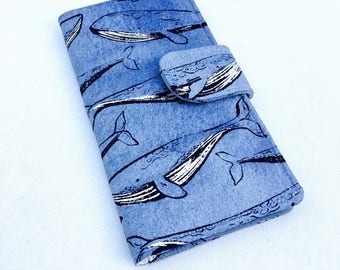 Handmade Wallet, Womens Clutch Wallet, Whale Print Nautical Vegan Wallet, Denim Blue