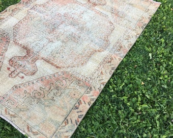 Antique Decor Romantic Shabby Chic OUSHAK RUG,Muted Faded Colors Trending Low Pile Turkish Rug,Vintage Office Rug 4'3"x6'9"