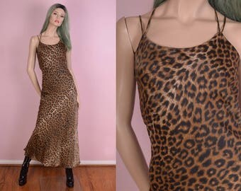 90s Leopard Print Maxi Dress/ Medium/ 1990s