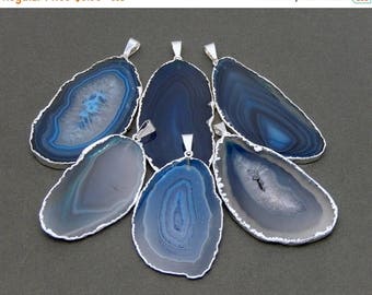 15% off Xmas in July Blue Agate Slice Druzy Pendant Electroplated with Silver Edges - Drusy Agate Slice Pendant - AGSP