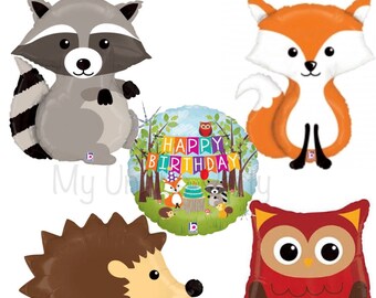 Woodland Balloons Fox Raccoon Hedgehog Owl Woodland Party Happy Birthday Mylar Balloons Helium Quality