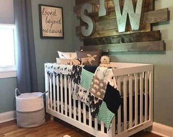 Woodland Boy Crib Bedding- Navy Buck, Moose, Bear, Fletching Arrow, Mint, and Navy Crib Bedding Ensemble