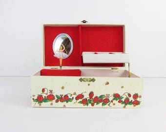 SALE Strawberry Fields Ballerina Jewelry Box - Vintage 1970s Musical Jewelry Storage