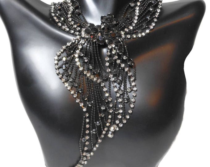 Butterfly bib necklace, black rhinestones with clear prong set with small ball chain, gunmetal findings, Dynasty Show Girl Drag Queen runway
