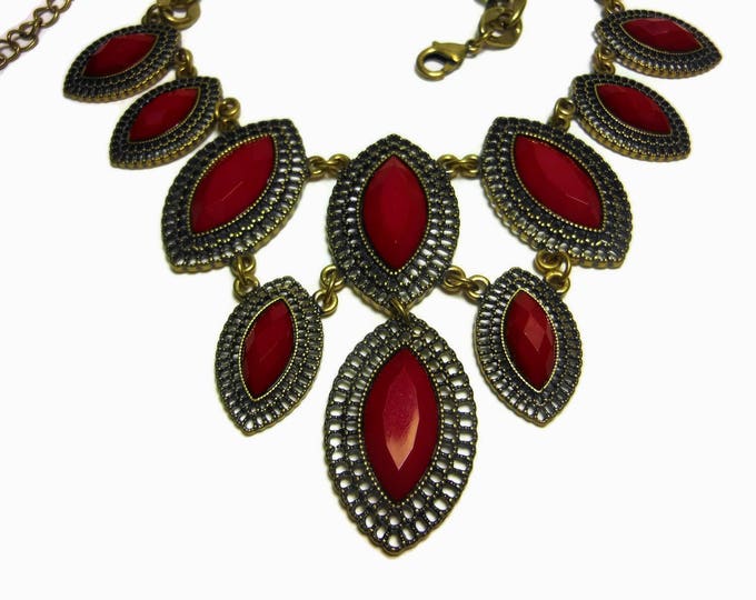 Red bib necklace, ruby red necklace, marquise cut cabochons, lucite red beads, gold chain, filigree frames, Dynasty Show Girl Drag runway