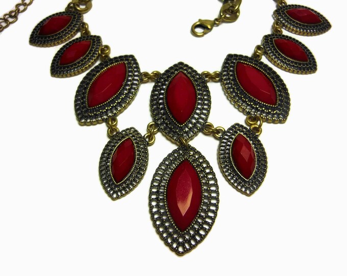 Red bib necklace, ruby red necklace, marquise cut cabochons, lucite red beads, gold chain, filigree frames, Dynasty Show Girl Drag runway