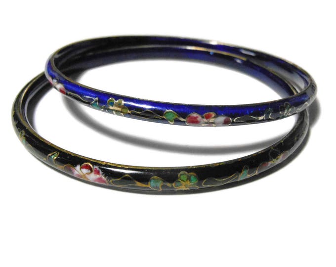 FREE SHIPPING Cloisonne bangle bracelets, set of two, black and blue bangles, floral pattern, silver edging, enamel finish, Chinese export