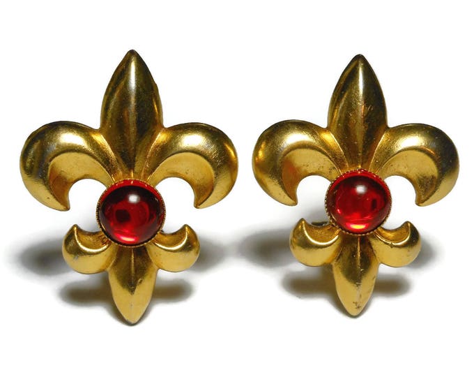 FREE SHIPPING Ben Amun Fleur de lis earrings, gold plated clip earrings, ruby red glass cabochon, large statement earrings, french royalty