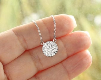 SALE 15% OFF Silver Disc necklace, Circle Necklace, Pave Diamond Necklace, Layering necklace, Micro pave Disc Necklace, Bridesmaid Gift, N83