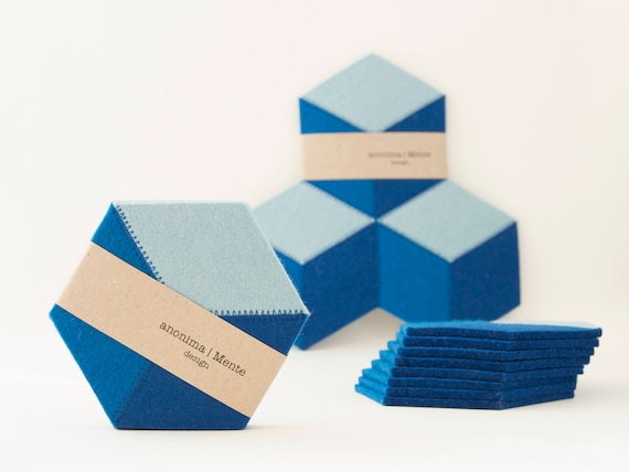 Set of blue and turquoise felt coasters / wool felt coasters / geometric coasters / stylish coasters / wool felt / handmade / made in Italy