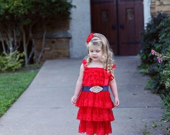 Red Blue White Flower Girl Dress, 4th of July Dress, Red Lace Dress, Nautical Lace Flower Girl Dress, Red Blue Dress