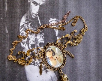 Bronze cabochon necklace steampunk tattoo skullbird feathers ♠Yasmine♠