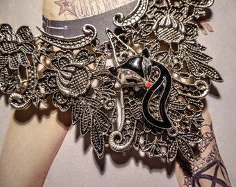 Silver bib necklace lace gypsy Bohemian black ♠Fox♠