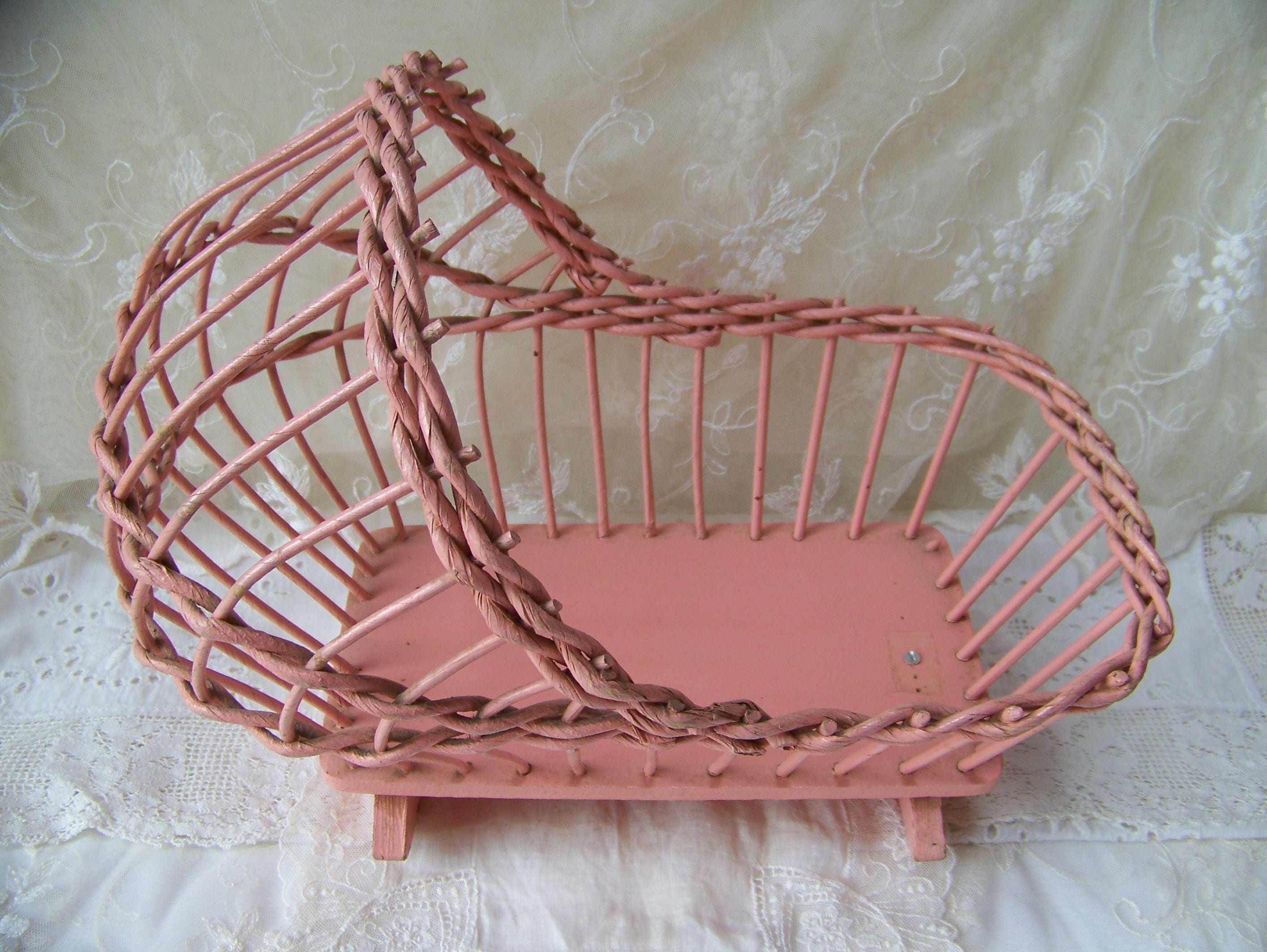 Antique Shabby Chic White Wicker Doll Cradle. Wooden Doll