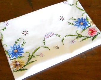vintage floral tablecloth vintage white tablecloth embroidered tablecloth cross stitch tablecloth gift for her