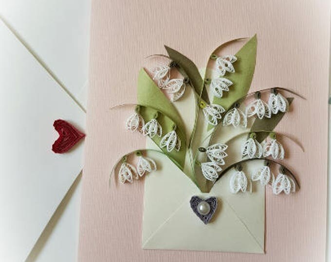 Paper Quilling Lilly of Valley Flower bouquet in Envelope - Wedding,bridal shower,love card,Mothers day,Happy Birthday, Anniversary Card