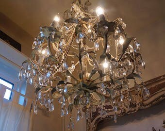 Distressed chandelier lighting French blue w/ white rusty shabby cottage chic painted beach house light embellished home anita spero design
