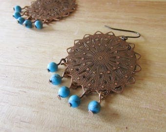 Antiqued Copper Sunburst and Turquoise Earrings