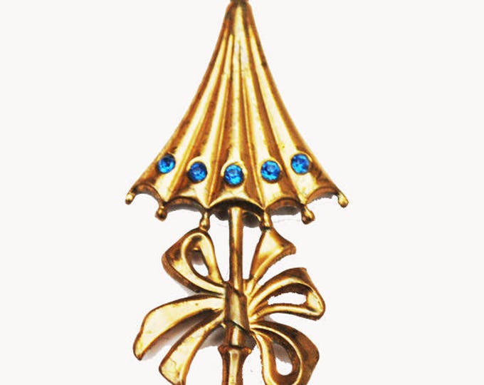 Umbrella Brooch - Gold with Blue Rhinestone - Figurine pin