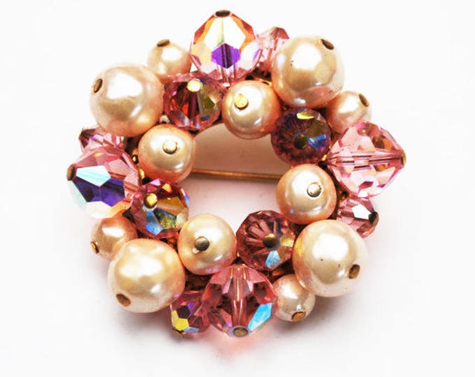 Pink Crystal pearl Brooch - cluster Bead -white pearl beads - pinkish aura borealis - round Wreath Pin