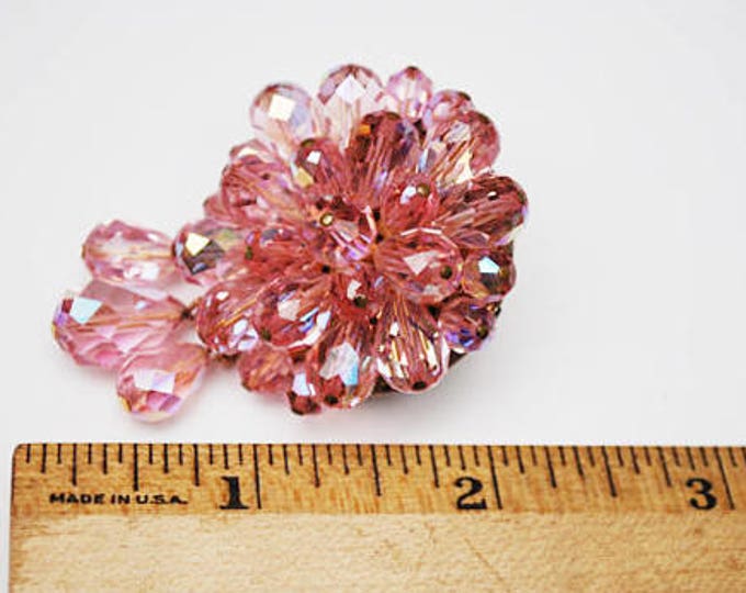 Pink Crystal Dangle Brooch - cluster Bead -Facet cut glass - round drop dangle pin